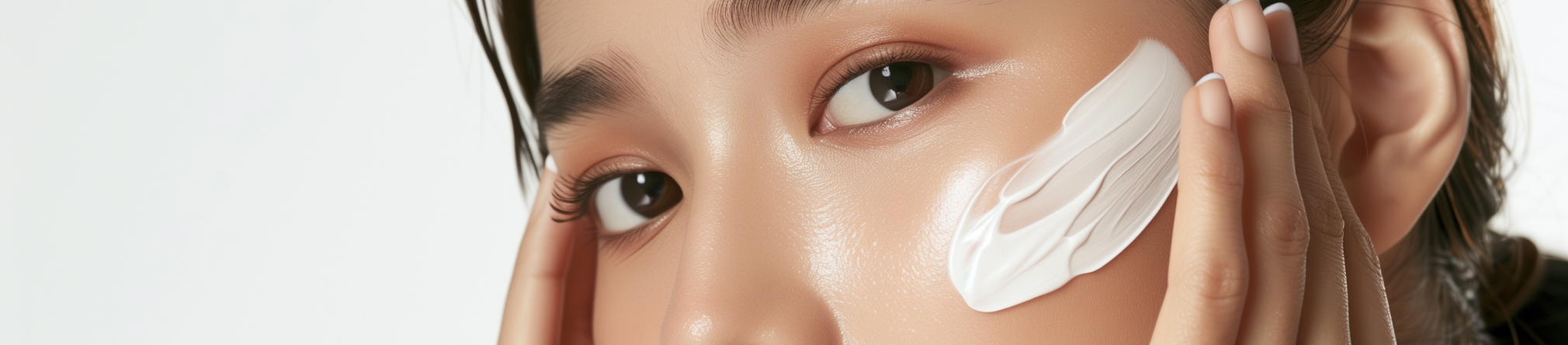 Крупний план обличчя молодої жінки з гладенькою, зволоженою шкірою. На щоці рівним шаром нанесений білий крем, а пальці легенько торкаються обличчя