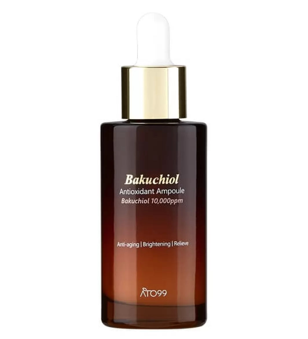 Коричнева градієнтна ампула ATO99 Bakuchiol Antioxidant Anti-Aging Brightening Ampoule з білою піпеткою стоїть на білому фоні.