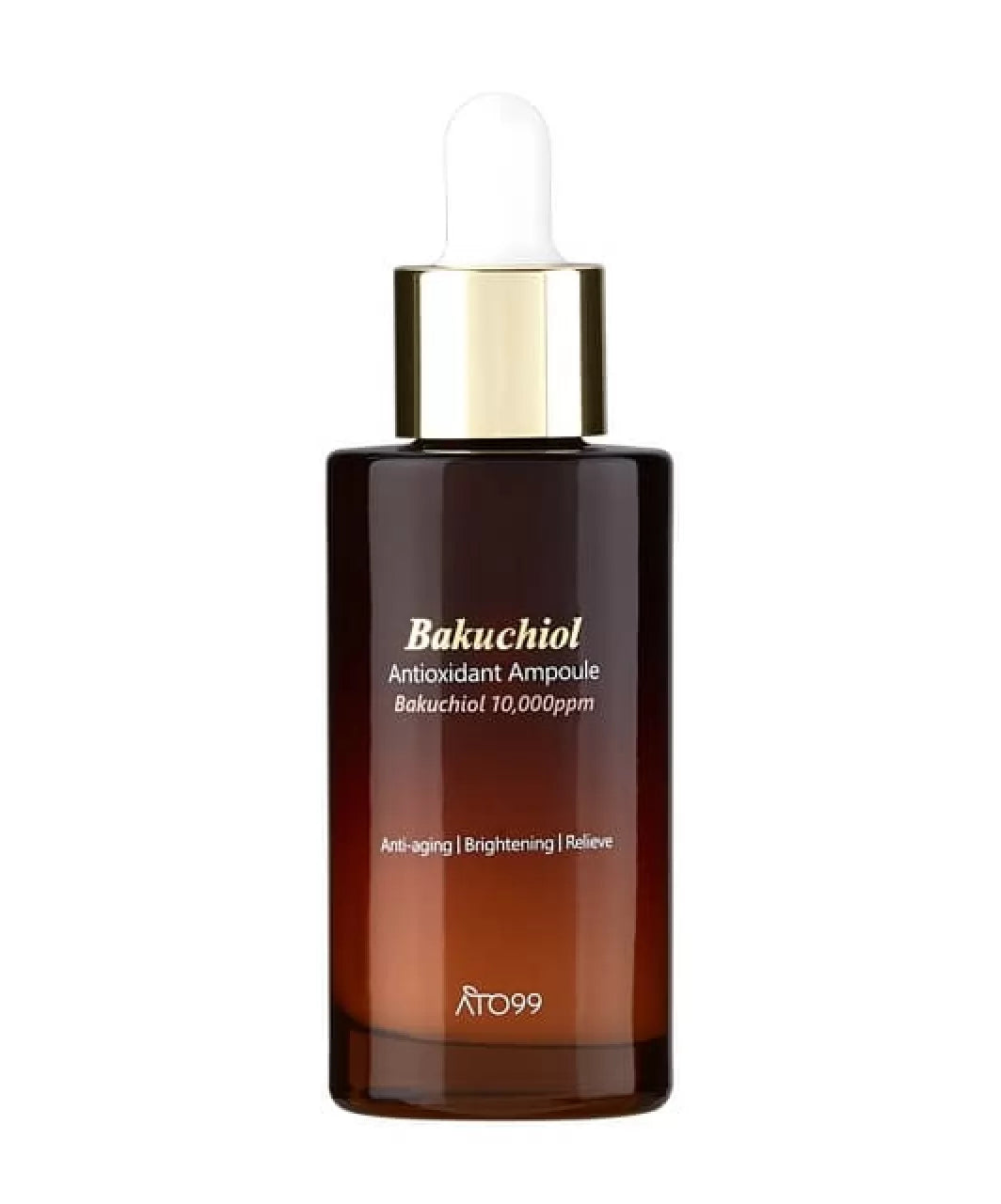 Коричнева градієнтна ампула ATO99 Bakuchiol Antioxidant Anti-Aging Brightening Ampoule з білою піпеткою стоїть на білому фоні.