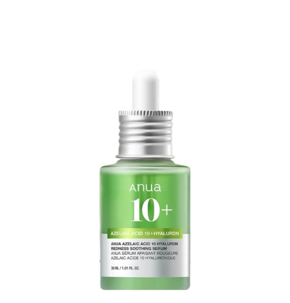 Напівпрозорий флакон із сироваткою Anua Azelaic Acid 10 Hyaluron Redness Soothing Serum зеленого кольору та білою піпеткою стоїть на білому фоні.