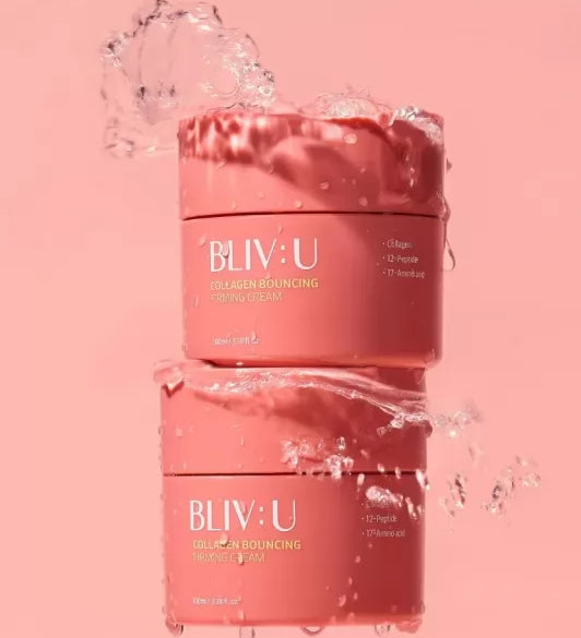 Дві баночки BLIV:U Collagen Bouncing Firming Cream 80 мл поставлені одна на одну, між ними і на них видно сплеск води