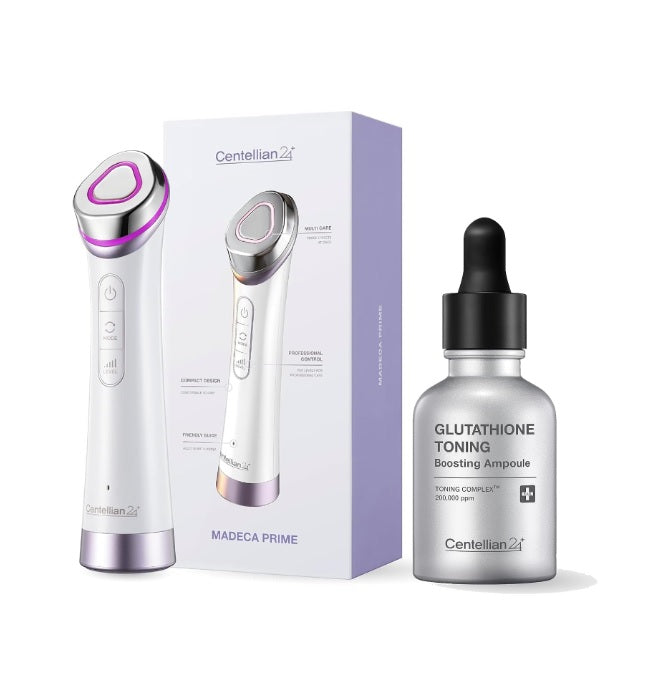 На фото зображено мікрострумовий девайс для догляду за обличчям поряд із сірою тонізуючою ампулою Centellian24 Madeca Prime + Ampoule об'ємом 30 мл з чорною кришкою, на білому фоні.