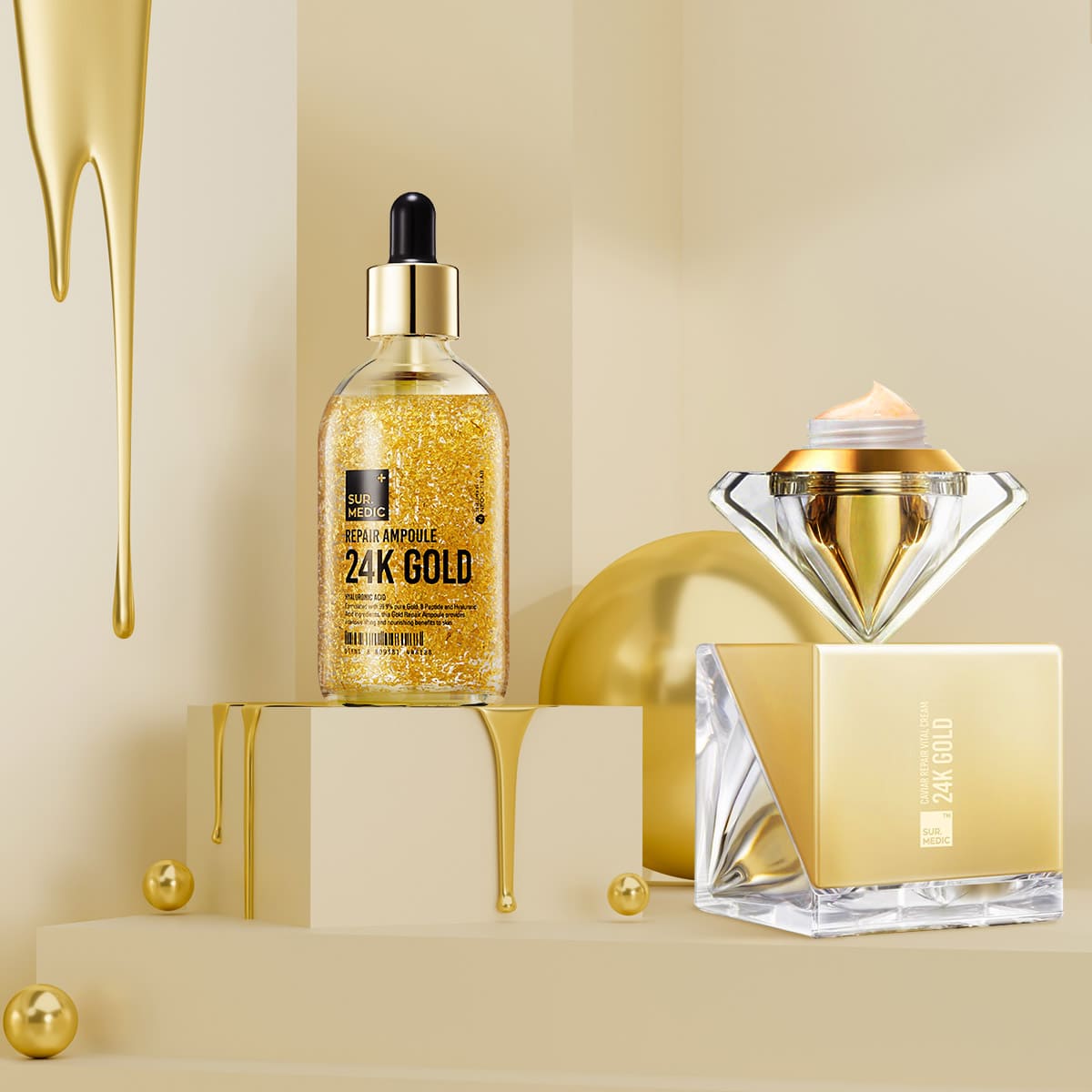 На золотому подіумі розміщена ампула Sur.Medic+ 24K Gold Repair Ampoule, поруч із нею стоїть крем Sur.Medic+ 24K Gold Caviar Repair Vital Cream, обидва засоби вишукано блищать у розкішній композиції.
