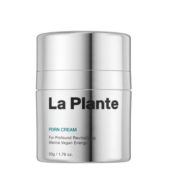 Срібляста баночка крему LA PLANTE PDRN Cream 50 g стоїть на білому фоні.
