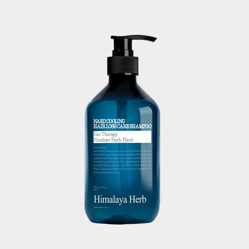 Синя пляшка шампуню NARD Cooling Hair Loss Care Shampoo з чорним дозатором, 500 мл