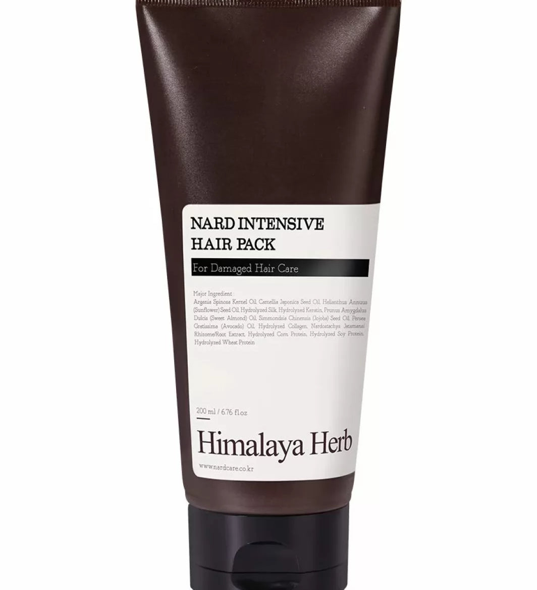 Темно-коричневий тюбик засобу Nard Intensive Hair Pack з чорним носиком і кришечкою на білому фоні, 200 мл