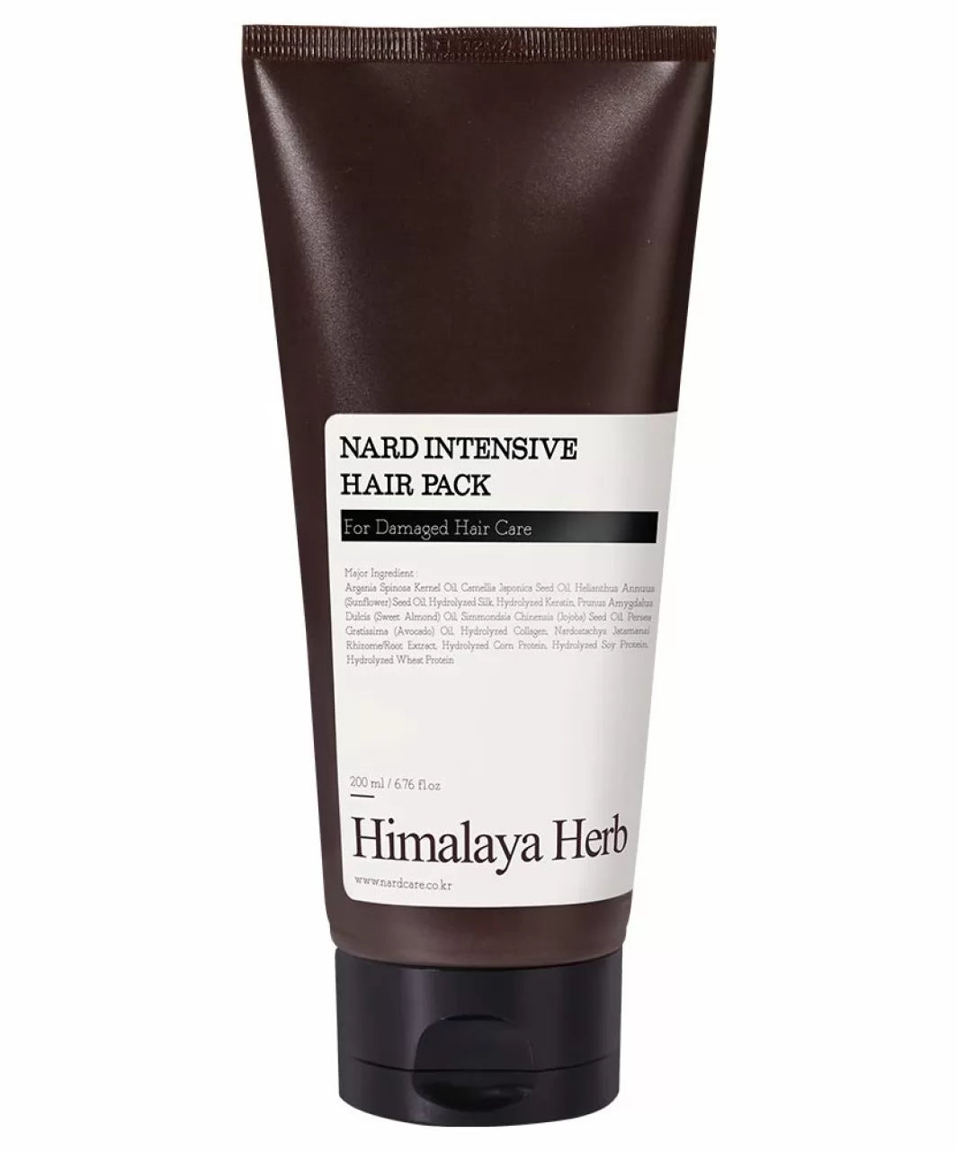 Темно-коричневий тюбик засобу Nard Intensive Hair Pack з чорним носиком і кришечкою на білому фоні, 200 мл