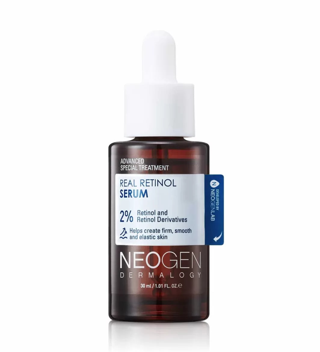 Темно-коричнева ампула з білою піпеткою сироватки Neogen Dermalogy Real Retinol Serum стоїть на білому фоні.