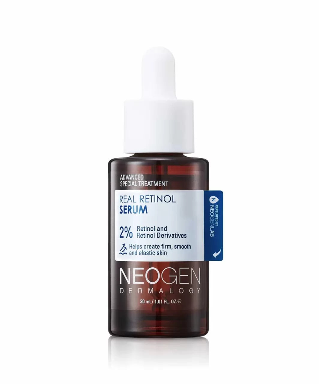 Темно-коричнева ампула з білою піпеткою сироватки Neogen Dermalogy Real Retinol Serum стоїть на білому фоні.