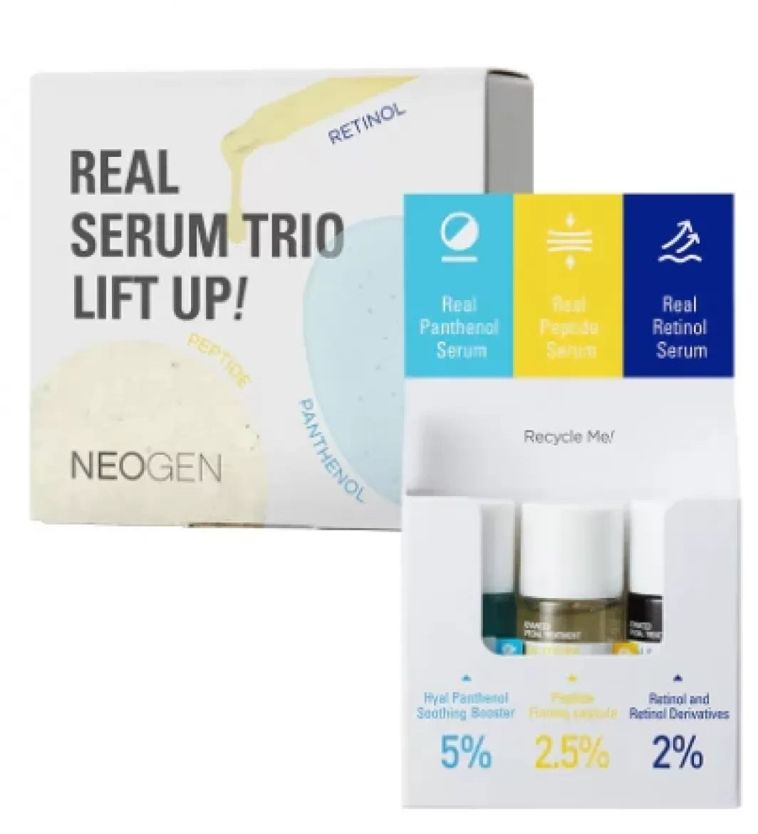 Відкритий білий набір міні сироваток для ліфтингу — Neogen Dermalogy Real Serum Mini Trio Lift Up, усередині розміщено три флакони сироваток.