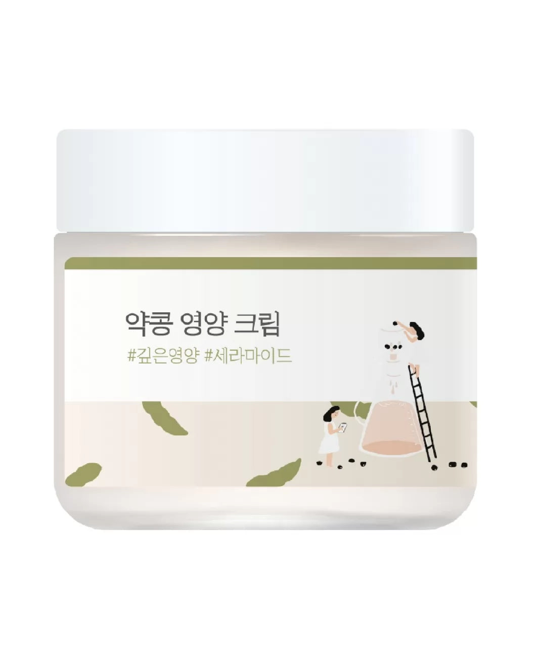 Прозора баночка з етикеткою та білою кришечкою крему Round Lab Soybean Nourishing Cream стоїть на білому фоні.