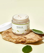 Відкрита баночка крему Round Lab Soybean Nourishing Cream стоїть на камені, поруч з нею видно пару зелених листочків.