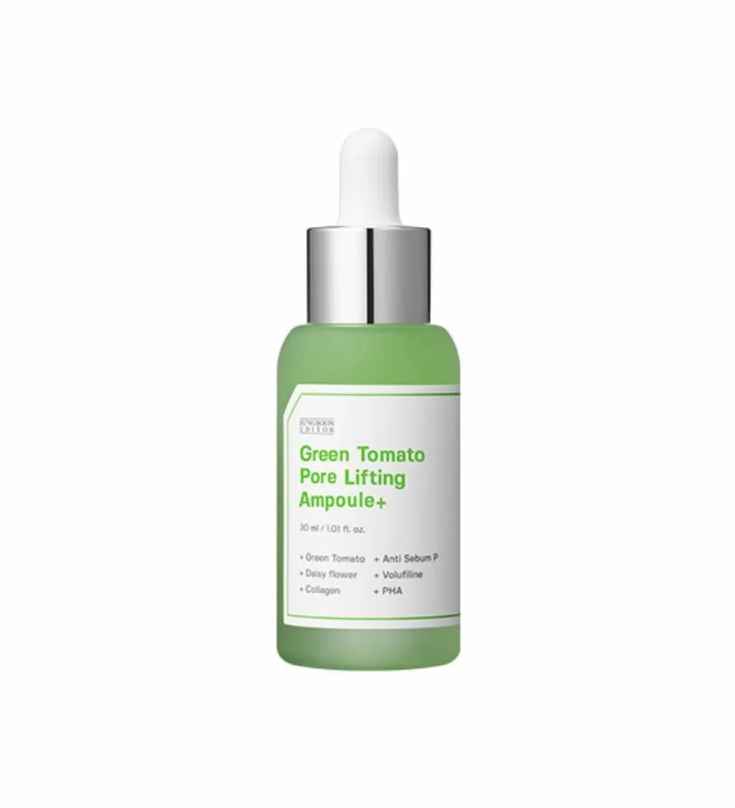 Зелена ампула з сріблясто-білою піпеткою SUNGBOON Editor Green Tomato Pore Lifting Ampoule стоїть на білому фоні.