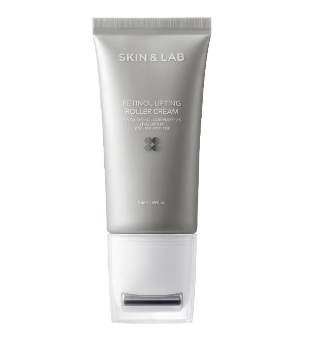 Сірий тюбик з білою роликовою насадкою крему Skin&Lab Retinol Lifting Roller Cream стоїть на білому фоні.