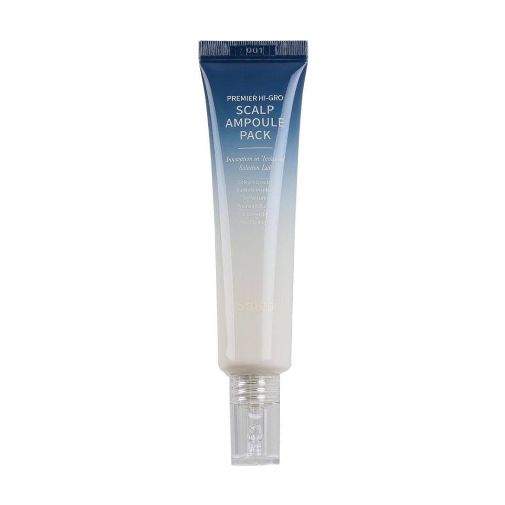 Біло-синій тюбик з прозорою кришечкою засобу Solep Premier Hi-gro Scalp Ampoule Pack стоїть на білому фоні.