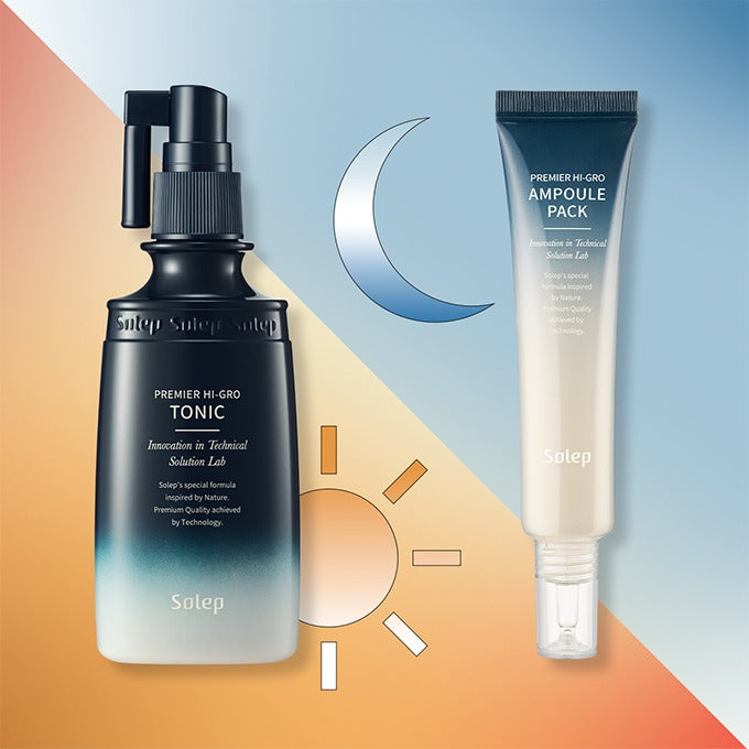 Два засоби Solep Premier Hi-gro Tonic — біло-синя пляшечка з синім дозатором, та Solep Premier Hi-gro Scalp Ampoule Pack — біло-синій тюбик, стоять на білій поверхні.