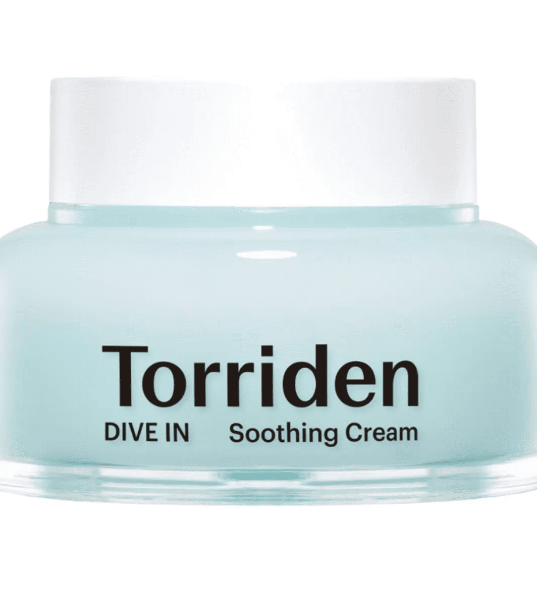 Прозора баночка з білою кришкою крему Torriden Dive-In Soothing Cream стоїть на білому фоні.