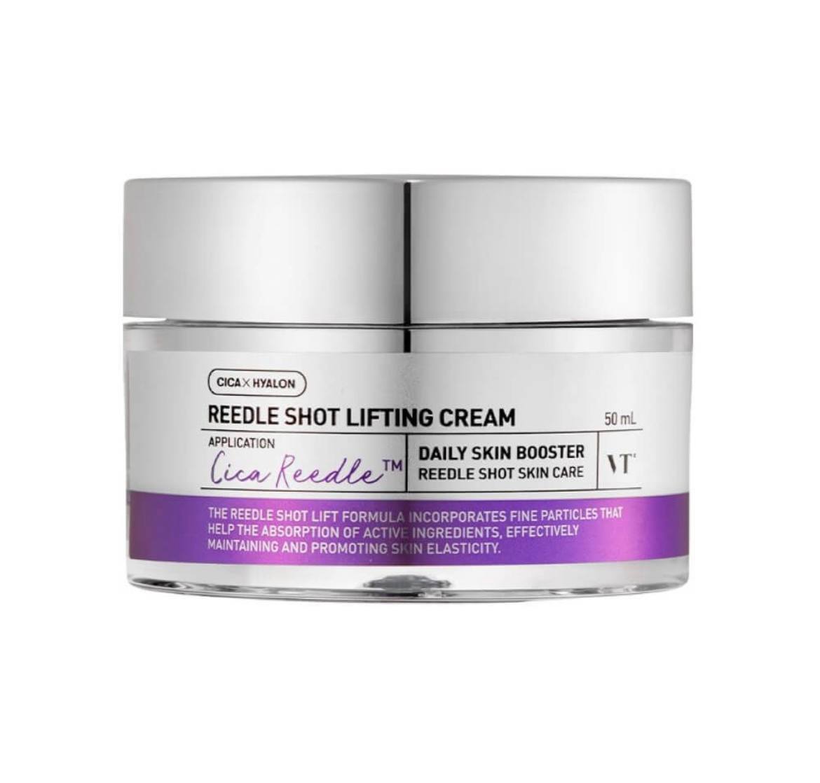 Срібляста баночка з білою етикеткою крему VT Cosmetics Reedle Shot Lifting Cream стоїть на білому фоні.