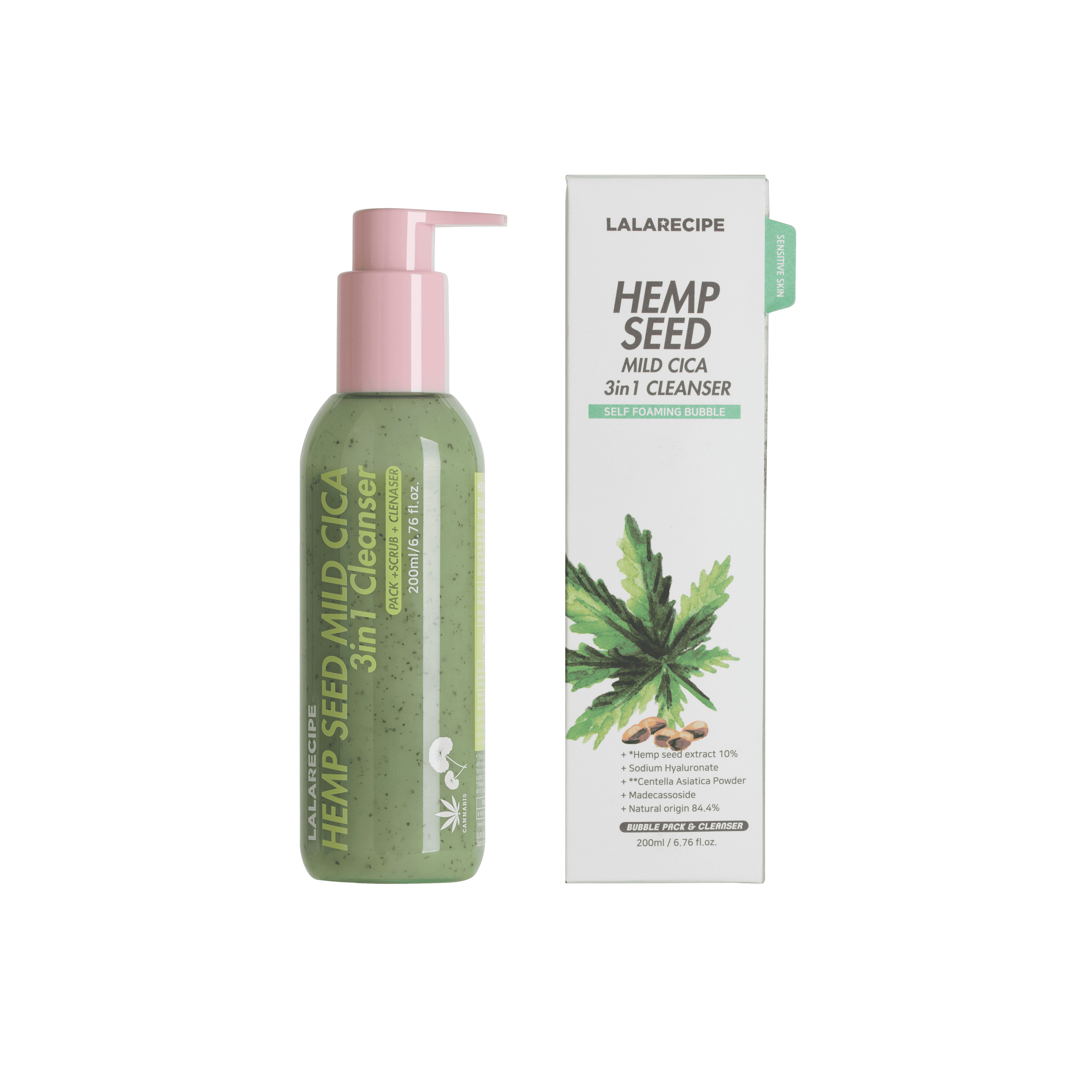 Упаковка та флакон LALARECIPE Hemp Seed Mild Cica 3in1 Cleanser на прозорому фоні