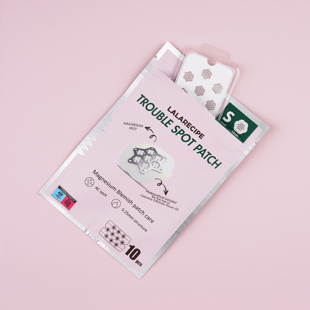 LALARECIPE Trouble Spot Patch S 12мм — гідроколоїдні пластирі з магнієм на рожевому фоні, упаковка та блистер із патчами