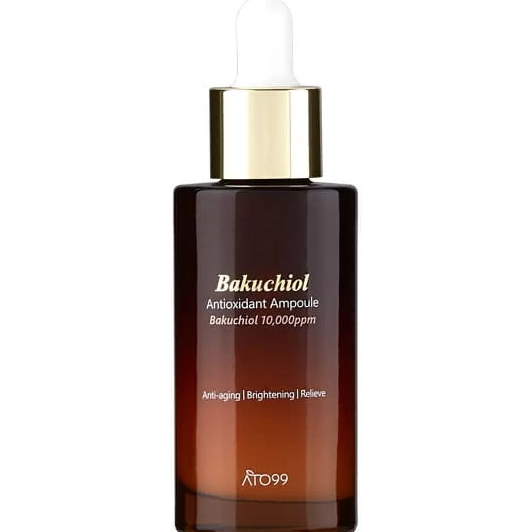 Коричнева градієнтна ампула ATO99 Bakuchiol Antioxidant Anti-Aging Brightening Ampoule з білою піпеткою стоїть на білому фоні.