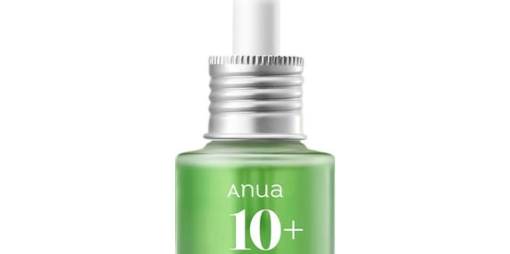 Напівпрозорий флакон із сироваткою Anua Azelaic Acid 10 Hyaluron Redness Soothing Serum зеленого кольору та білою піпеткою стоїть на білому фоні.