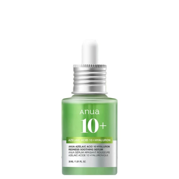 Напівпрозорий флакон із сироваткою Anua Azelaic Acid 10 Hyaluron Redness Soothing Serum зеленого кольору та білою піпеткою стоїть на білому фоні.