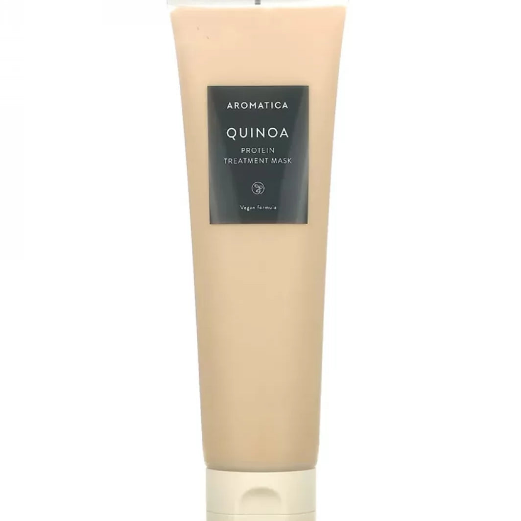 Бежевий тюбик засобу Aromatica Quinoa Protein Treatment Mask з світло-бежевим носиком і кришечкою на білому фоні, 160 мл