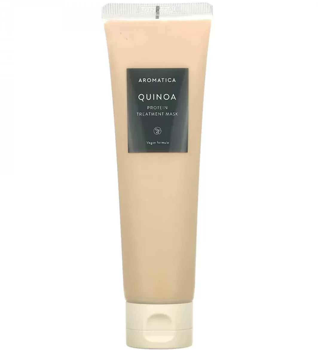 Бежевий тюбик засобу Aromatica Quinoa Protein Treatment Mask з світло-бежевим носиком і кришечкою на білому фоні, 160 мл