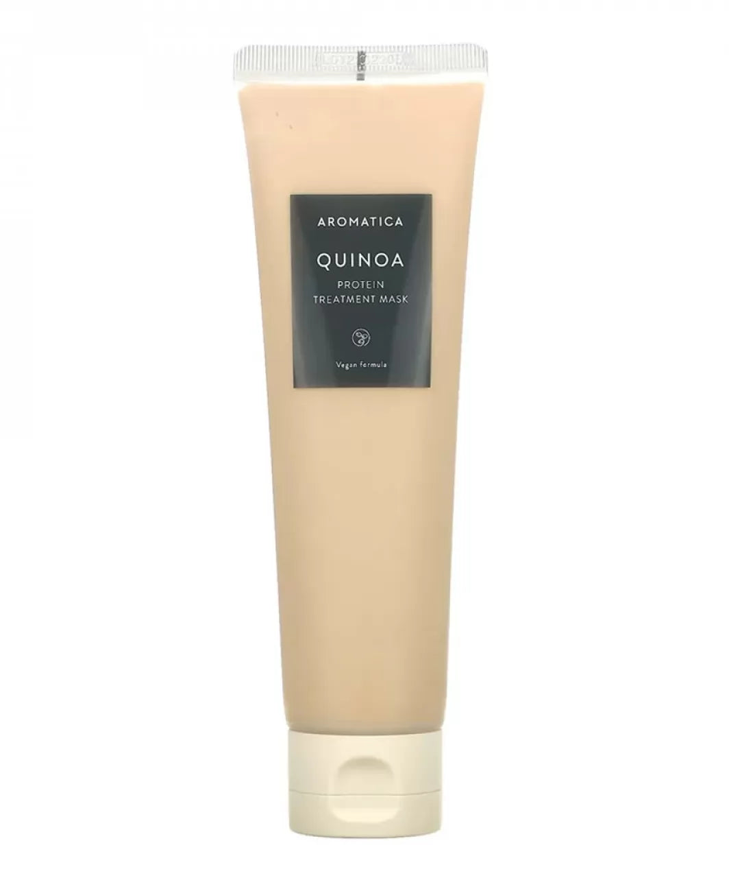 Бежевий тюбик засобу Aromatica Quinoa Protein Treatment Mask з світло-бежевим носиком і кришечкою на білому фоні, 160 мл
