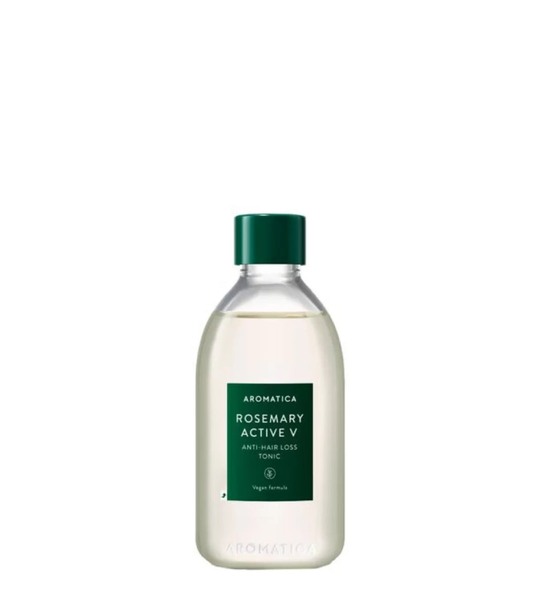 Прозора пляшечка із зеленою кришечкою засобу Aromatica Rosemary Active V Anti-Hair Loss Tonic, 100 мл