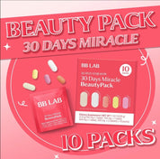 Червона коробка BB LAB 30 Days Miracle BeautyPack поряд з саше в червоному колі на рожевому фоні.
