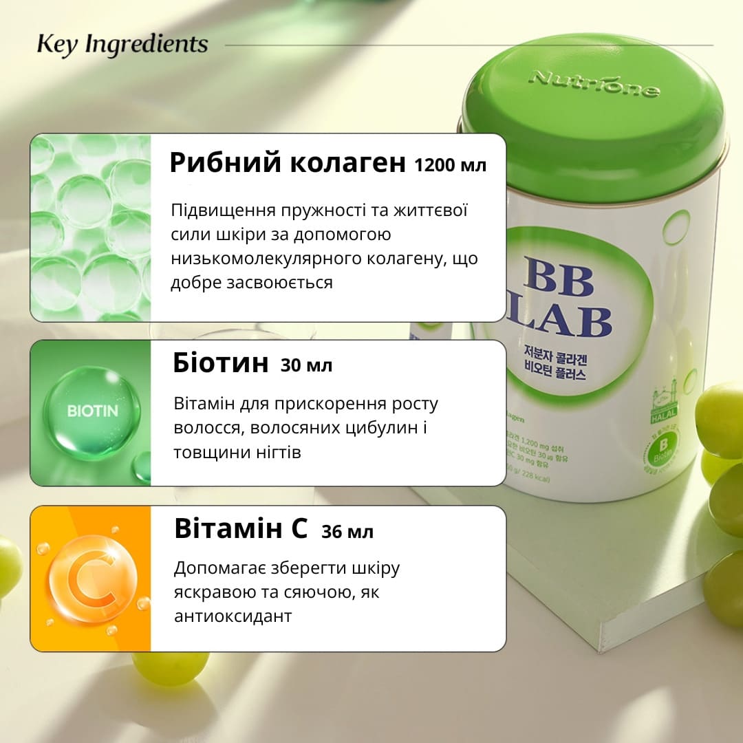 Картинка, що описує компоненти колагену та їх властивості, зокрема, що кожен компонент зумовлює і як вони впливають на організм.