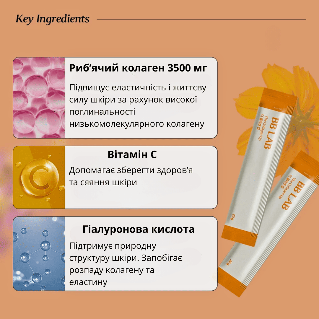 Картинка описує переваги BB Lab The Collagen Up Jelly: еластичність шкіри, підтримка здоров'я шкіри, запобігання розпаду колагену та еластину.