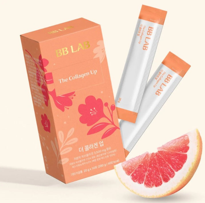 Упаковка колагену BB Lab The Collagen Up Jelly з двома саше поряд, на білому фоні.