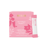 Рожева коробка BB Lab The Collagen Powder S та біло-рожеве саше стоять на білому фоні.