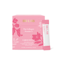Рожева коробка BB Lab The Collagen Powder S та біло-рожеве саше стоять на білому фоні.