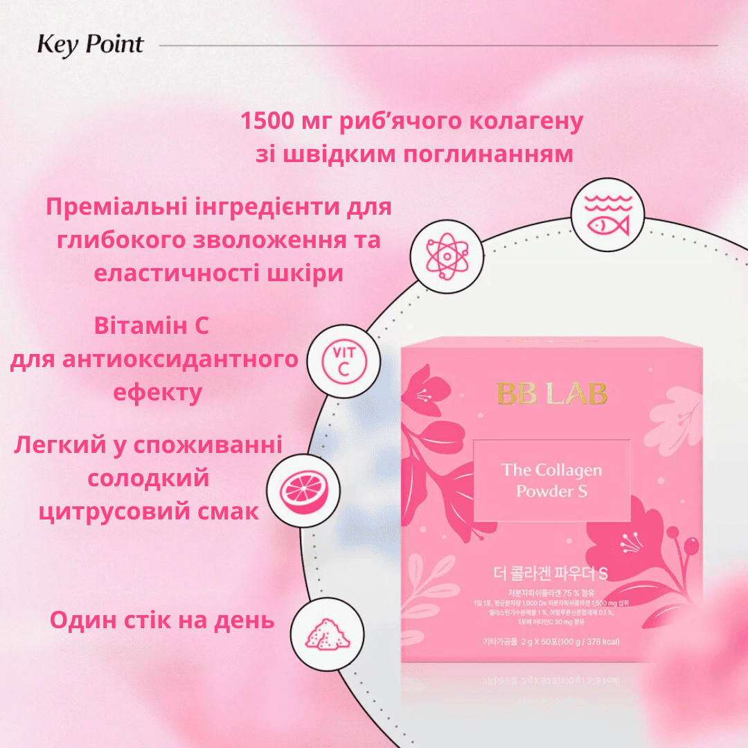 Рожева коробка колагену BB Lab The Collagen Powder S стоїть на білій поверхні, поряд розміщено опис переваг колагену.