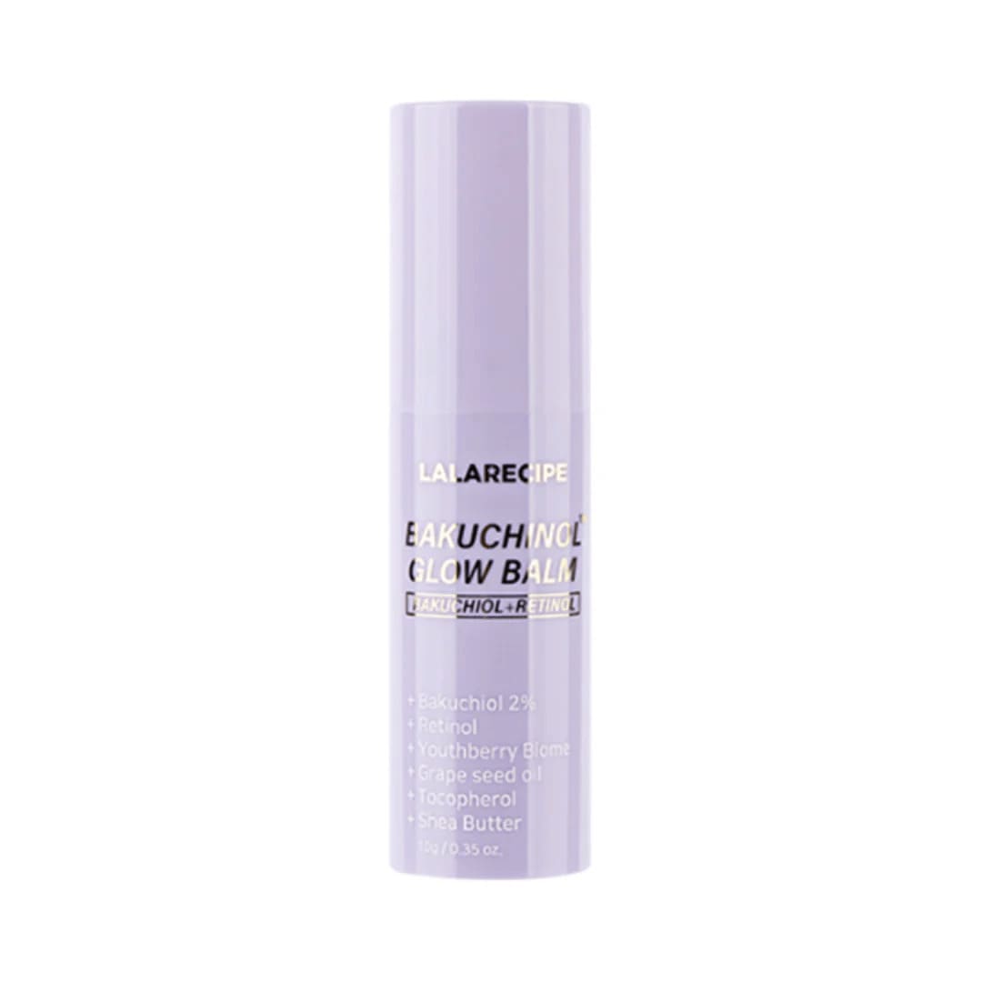 Рожевий стік LALARECIPE Bakuchinol Glow Balm стоїть на білому фоні.