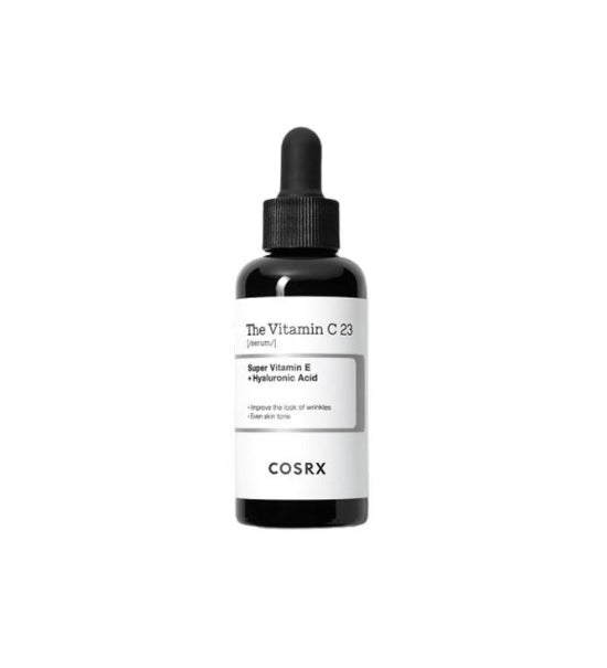 Чорна пляшечка з білою етикеткою та чорною піпеткою сироватки COSRX The Vitamin C 23 Serum стоїть на білому фоні.