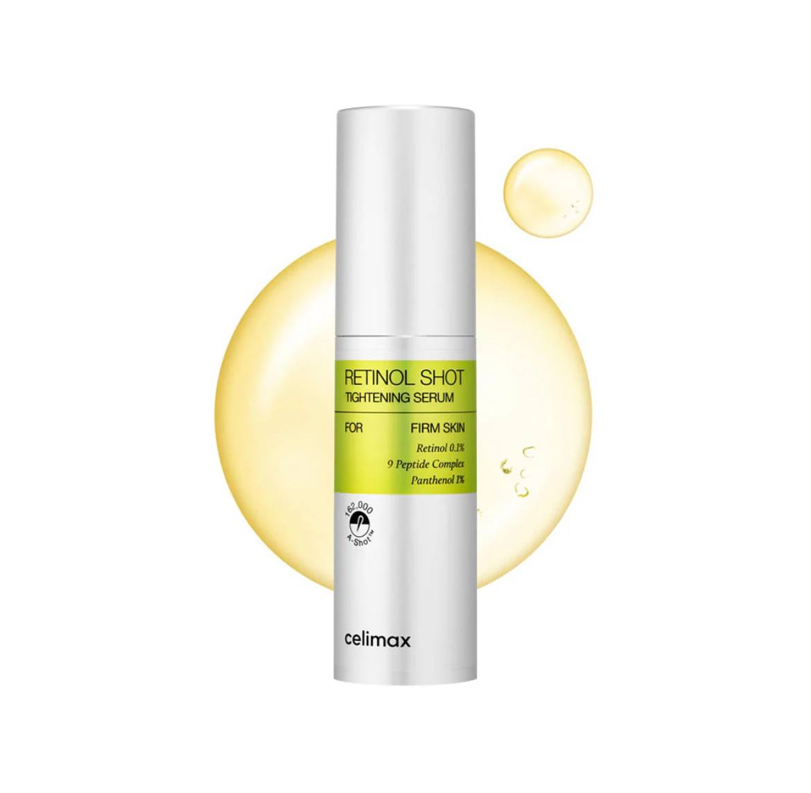 Срібляста пляшечка сироватки Celimax The Vita-A Retinol Shot Tightening Serum стоїть, на фоні видно текстуру сироватки.