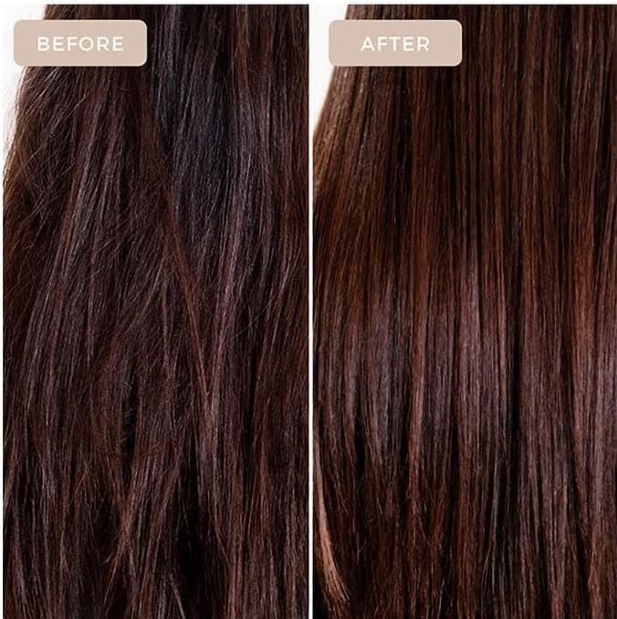 На фото видно волосся до і після використання серуму для волосся NARD Damage RX Hair Serum, де після застосування засобу волосся виглядає більш здоровим, зволоженим і блискучим.