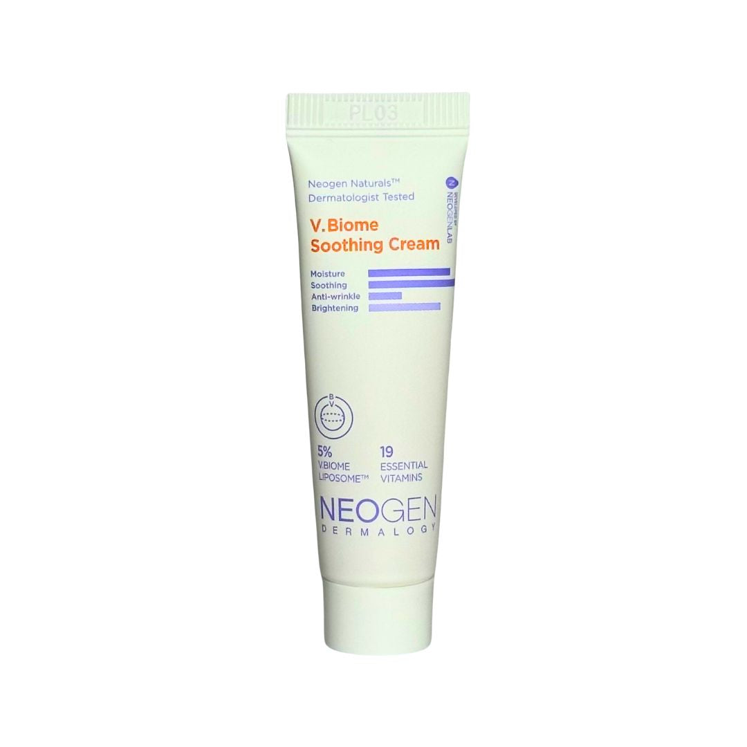 Білий тюбик крему Neogen Dermalogy V.Biome Soothing Cream 10 мл стоїть на білому фоні.