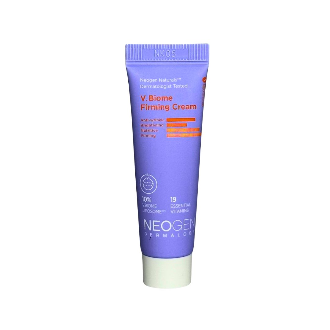 Фіолетовий тюбик крему Neogen Dermalogy V.Biome Firming Cream 10 мл стоїть на білому фоні.