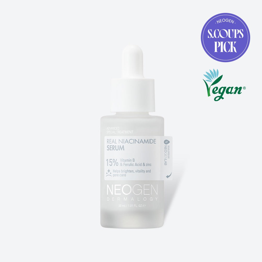 Біла ампула з білою піпеткою сироватки Neogen Dermalogy Real Niacinamide 15% Firming Serum стоїть на білому фоні.