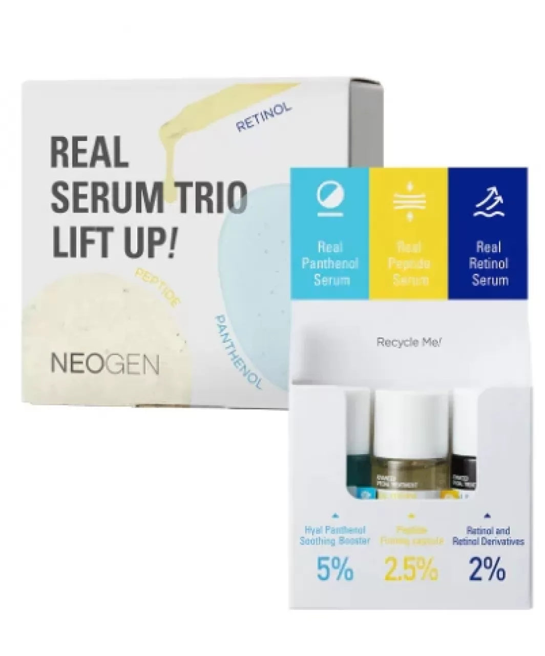 Відкритий білий набір міні сироваток для ліфтингу — Neogen Dermalogy Real Serum Mini Trio Lift Up, усередині розміщено три флакони сироваток.