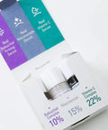 Відкрита біла коробочка набору міні сироваток Neogen Dermalogy Real Serum Mini Trio Set, у якій видно три маленькі флакони сироваток.
