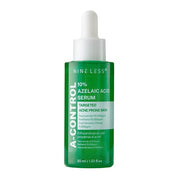 Зелена ампула з білою піпеткою сироватки Nine Less A-Control 10% Azelaic Acid Serum стоїть на білому фоні.
