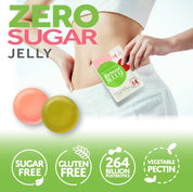 На фото людина тримає пакетик REBOOT Probiotic Gummies Reboot Jelly і підносить його до животу.
