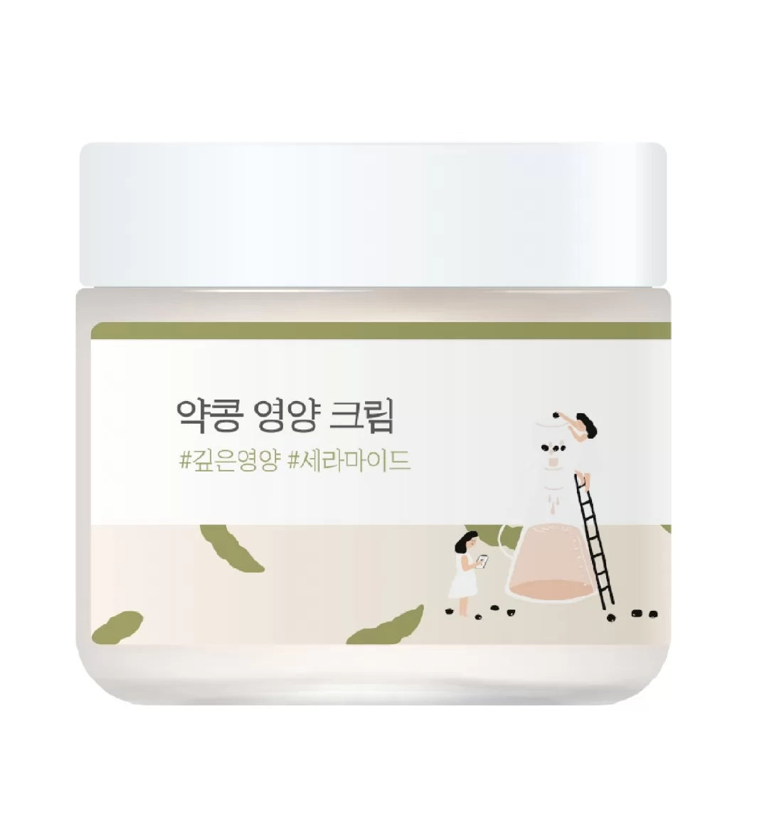 Прозора баночка з етикеткою та білою кришечкою крему Round Lab Soybean Nourishing Cream стоїть на білому фоні.